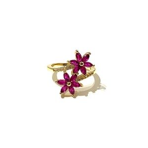 Gold Tone Pink Stones Flower Ring
